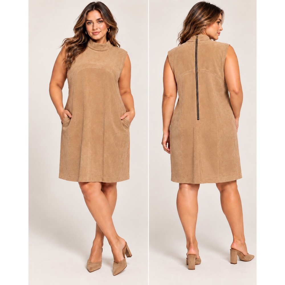 Alfani Faux Suede Mock Neck Shift Dress Tan Camel Sleeveless Pockets Size 16